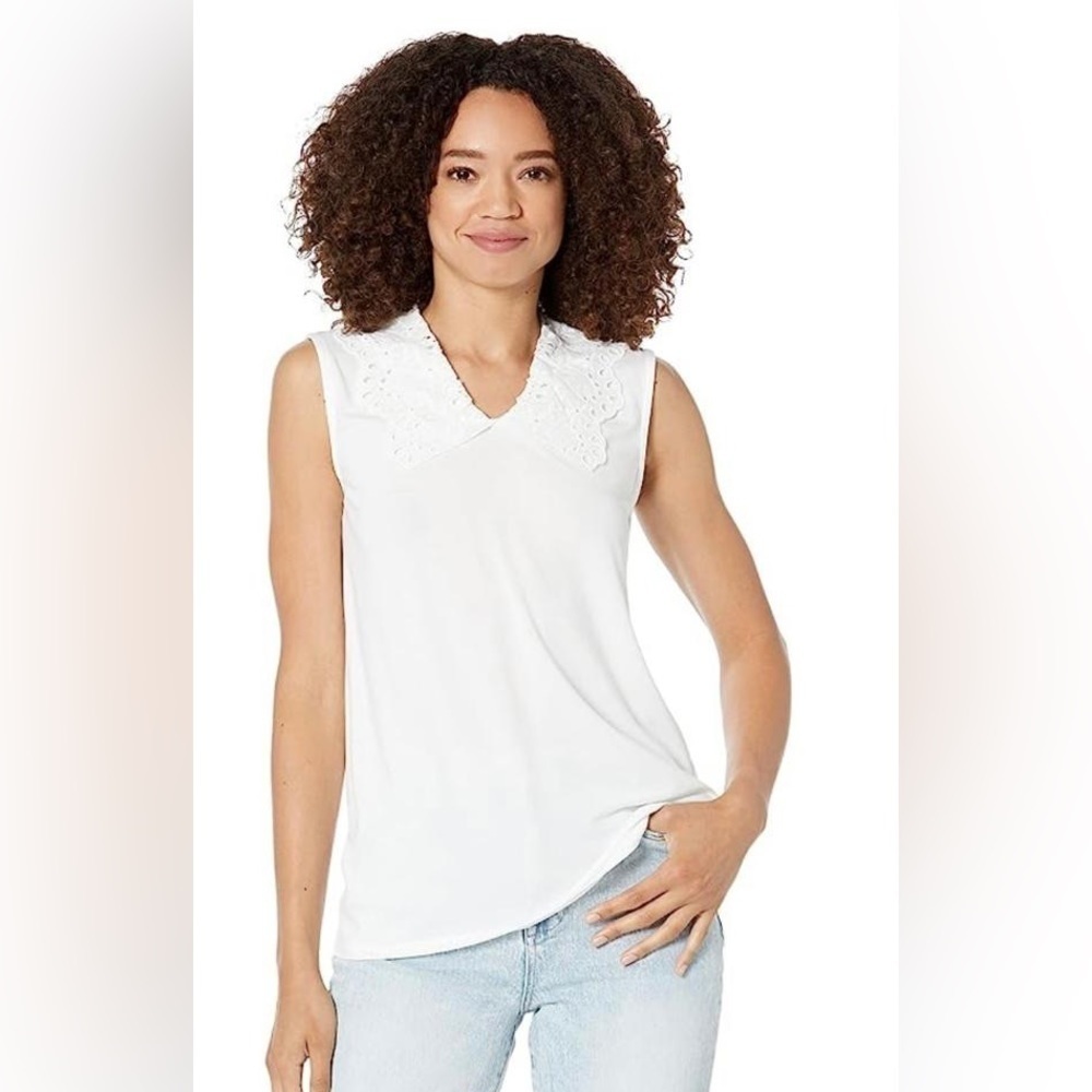 NWT H By Halston White Eyelet Collar Sleeveless V-Neck Top